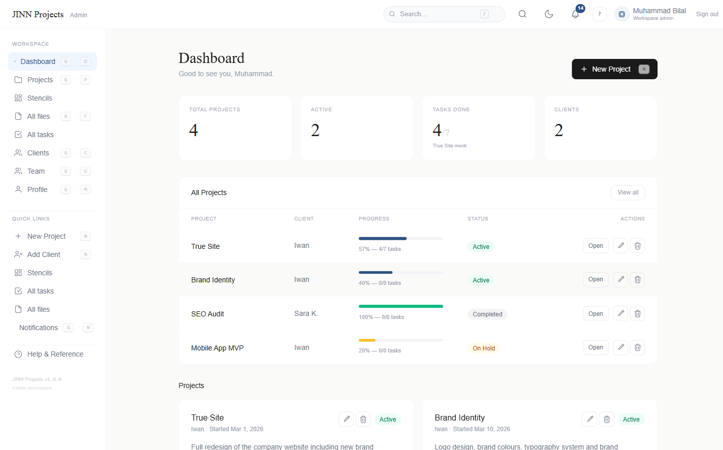 Jinn Projects admin dashboard showing live project status, task progress bars and client portal navigation
