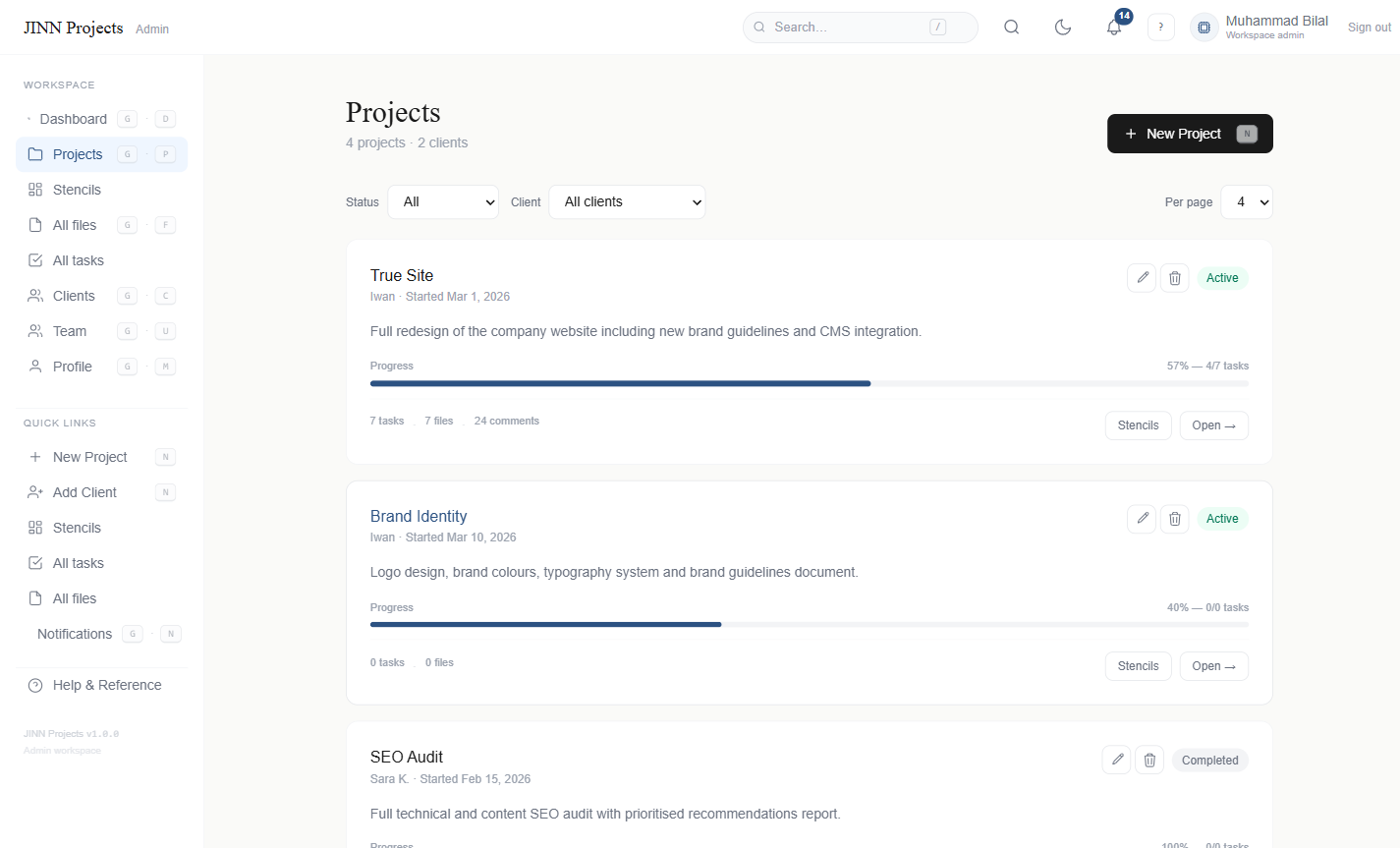Jinn Projects admin projects list showing Active, On Hold and Completed status badges with progress bars