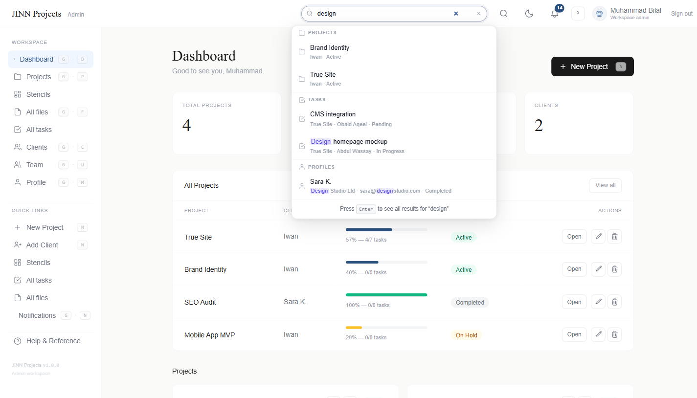 Jinn Projects global search bar with instant autocomplete results across projects, tasks, files and comments