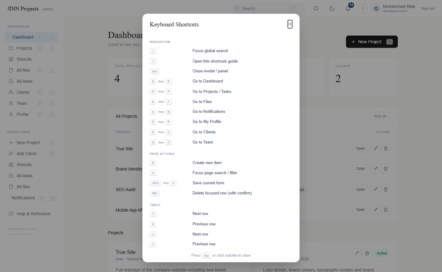 Jinn Projects keyboard shortcuts reference modal listing navigation, page action and table shortcuts