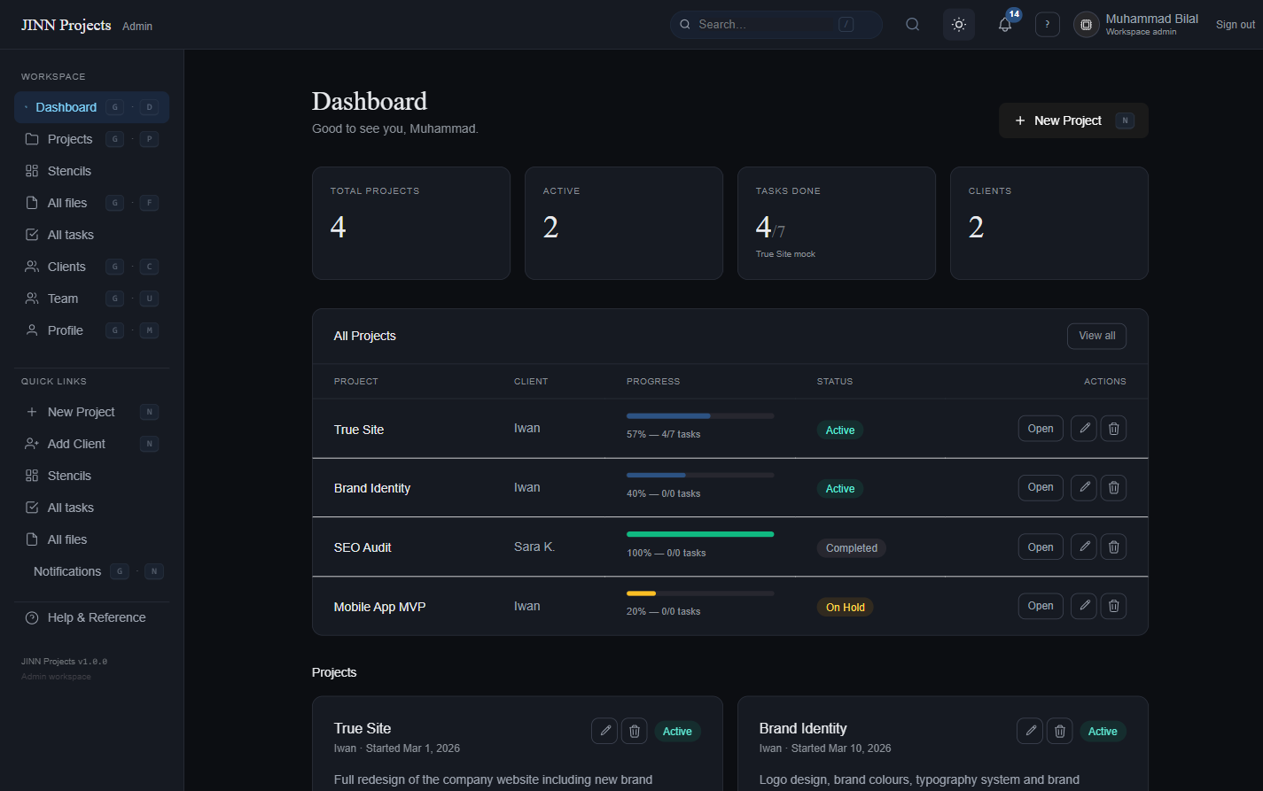 Jinn Projects admin dashboard in dark mode showing project cards, task counts and client portal access