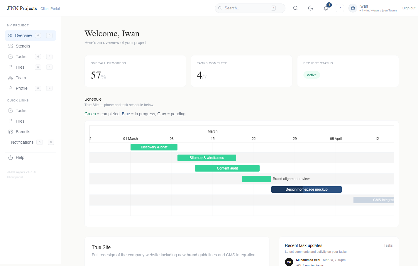 Jinn Projects client portal dashboard showing project overview, Gantt timeline and task status summary
