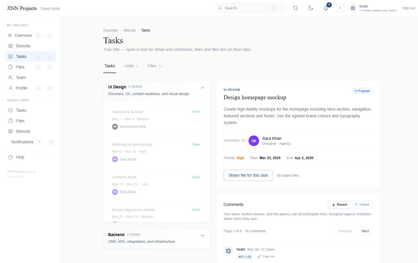 Jinn Projects client task management portal showing task status, assigned team members and file attachments