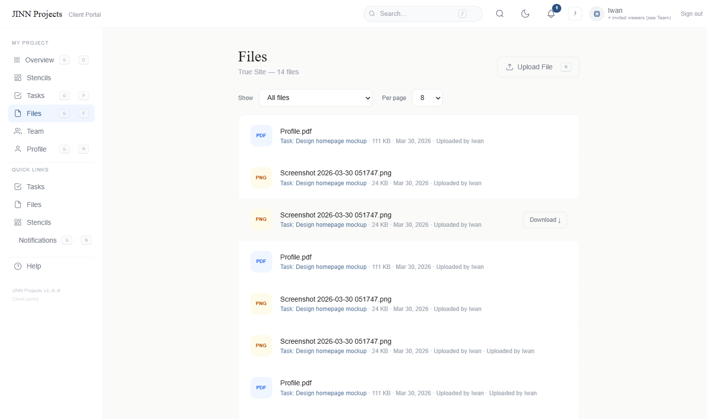 Jinn Projects client file management view showing uploaded project deliverables organised by project